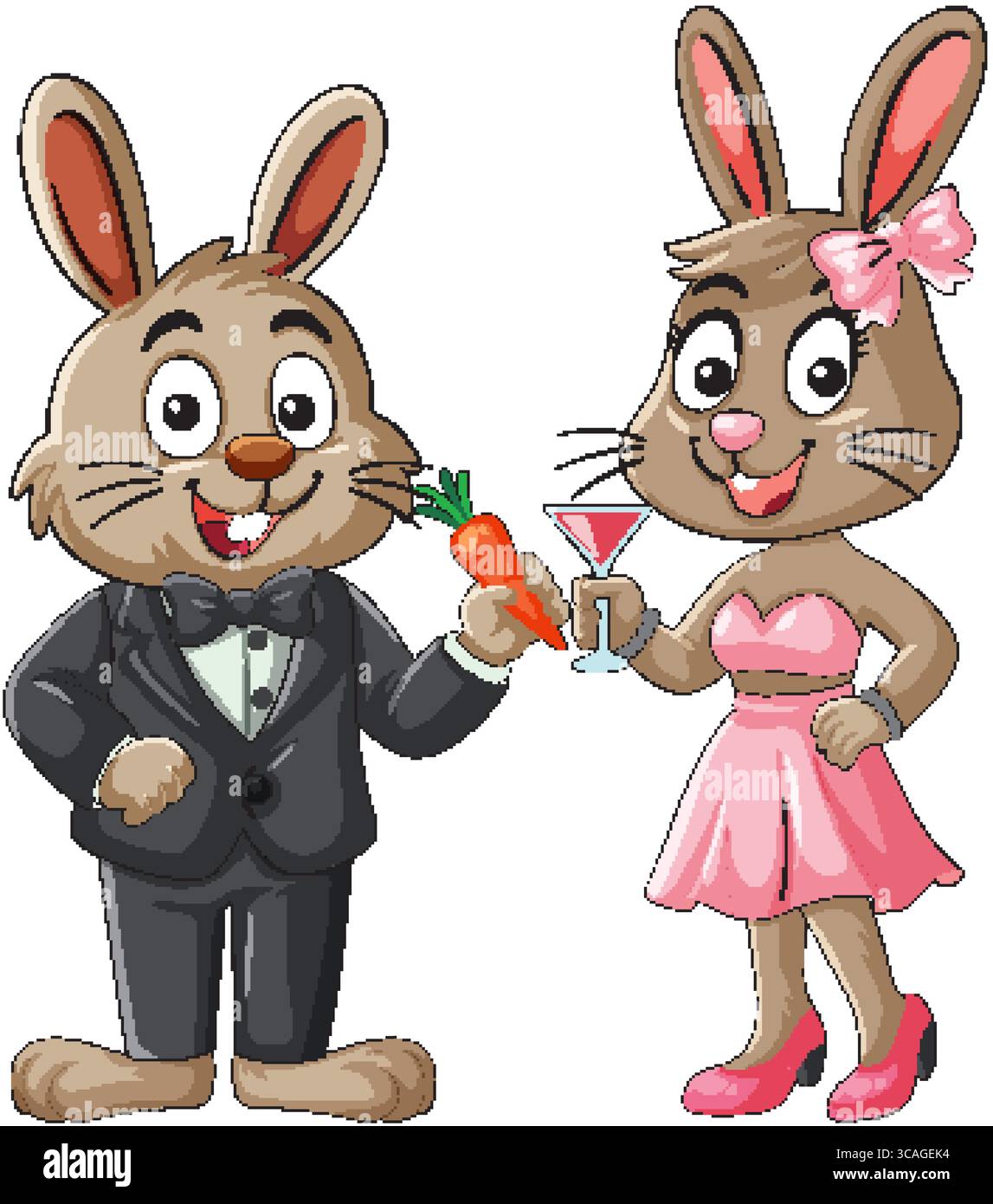 Two anthropomorphic rabbits in formal attire, one holding a carrot, the ...