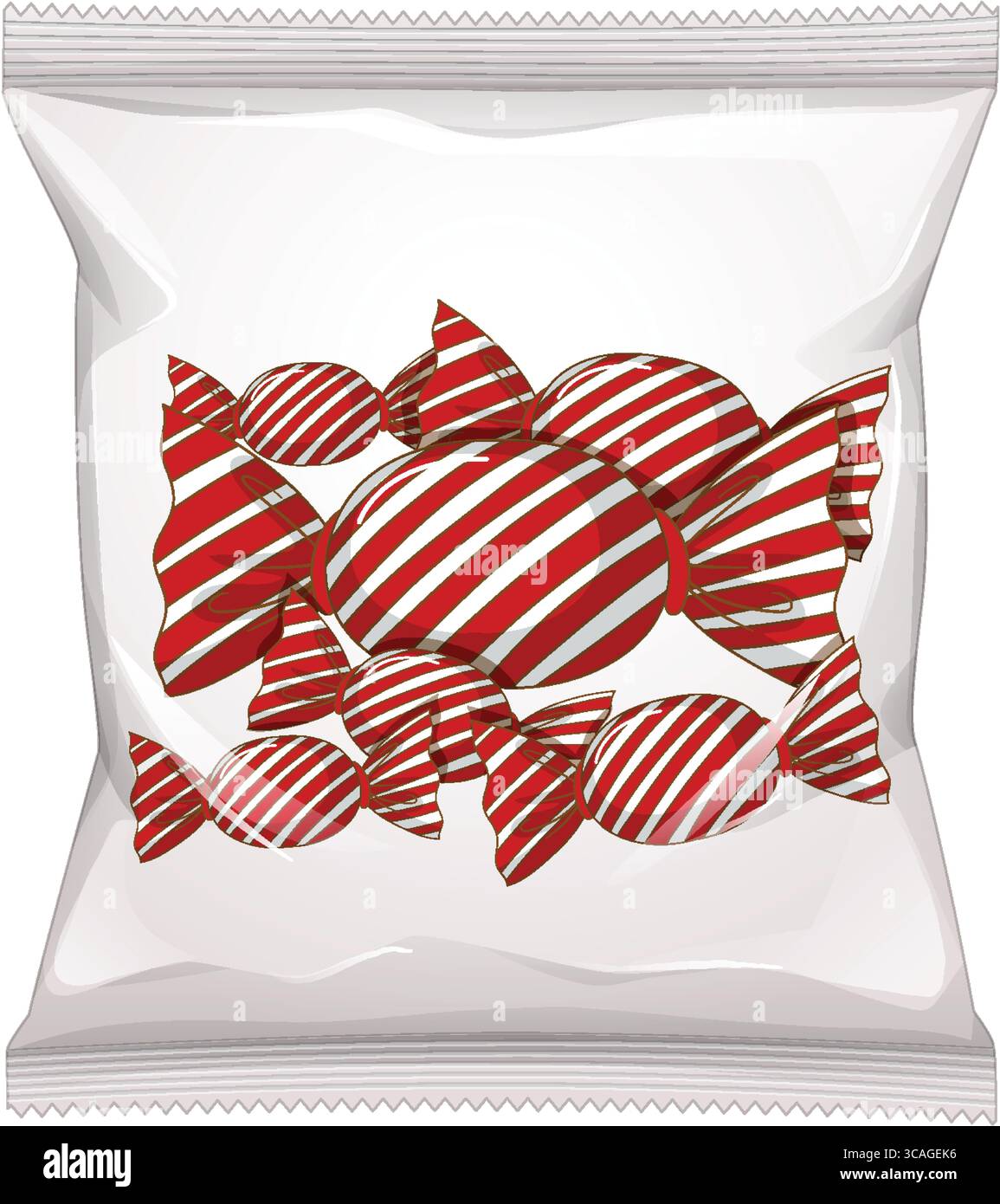 Vector illustration of assorted red and white striped candies inside a transparent plastic bag, rendered in a clean, realistic style with soft highlig Stock Vector