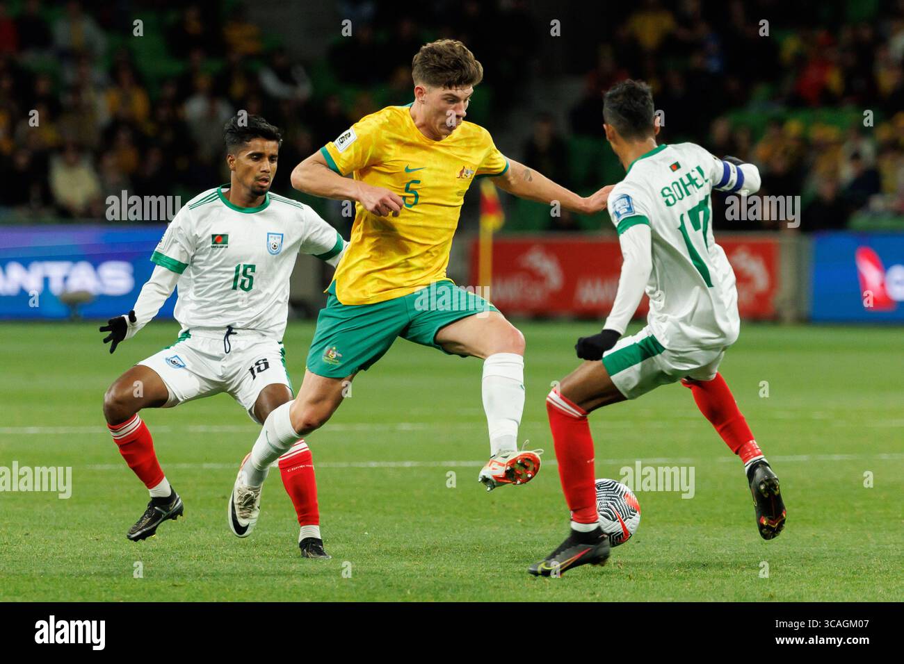 November 16, 2023, Melbourne, Australia: JORDAN BOS (5) of Australia controls the ball during the FIFA 2026 World Cup Qualification Preliminary Round 2 match between Australia and Bangladesh at the Melbourne Rectangular Stadium in Melbourne, Australia. Australian won 7-0 (Credit Image: © Sydney Low/ZUMA Press Wire) Stock Photo