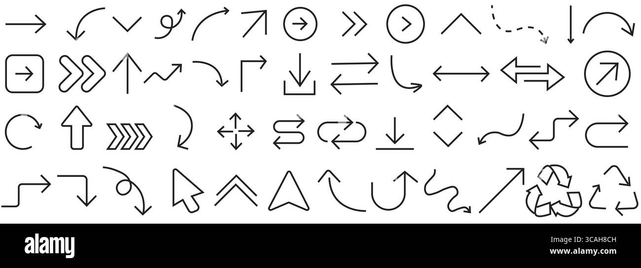 Minimal Arrow Icon Set. Directional, Curved, Circular Vectors Stock Vector