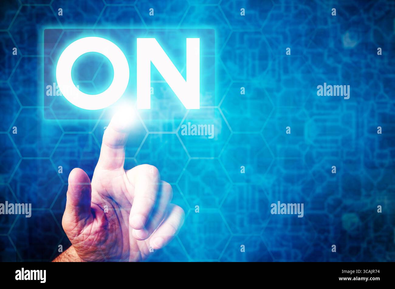 Activating technology with a touch, futuristic interface with ON button glowing Stock Photo
