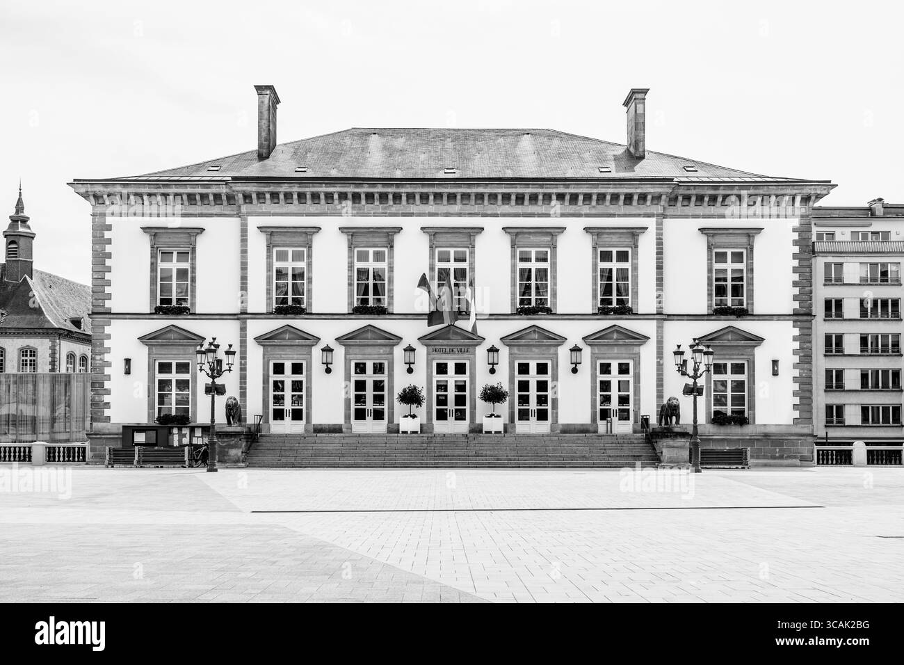 Luxembourg City: The facade of the city hall building in black and white Stock Photo