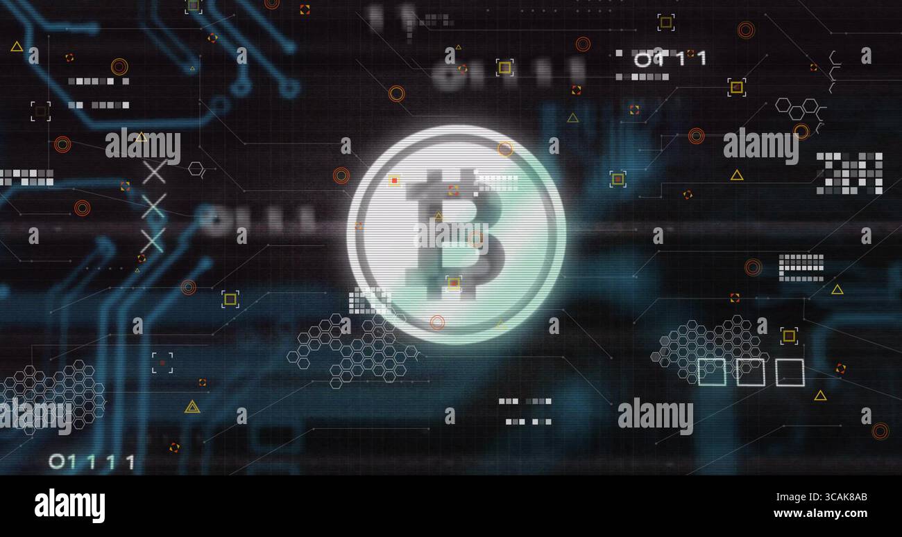 Shining central Bitcoin icon hovering in virtual data network space, with glowing circuit traces Stock Photo