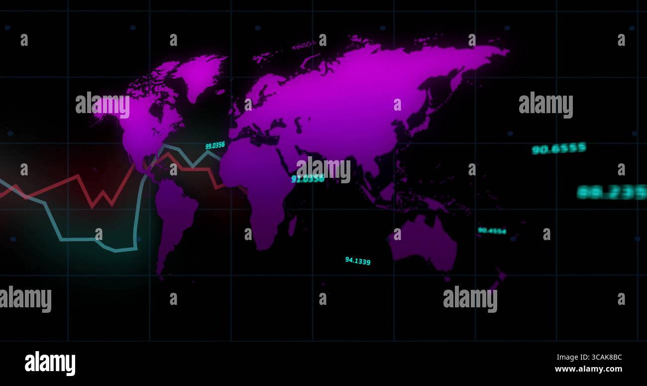 Displaying purple world map over grid at dashboard, fluctuating teal ...