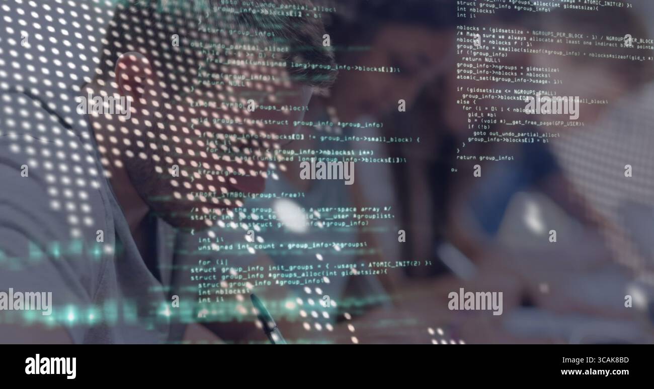Writing developer taking notes on notebook at desk, showing code overlay, tablet, copy space Stock Photo