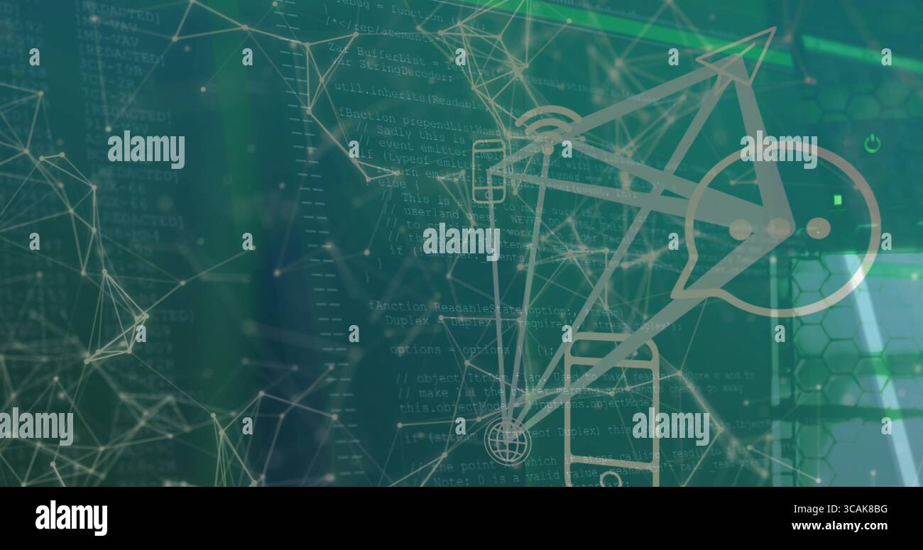 Displaying network connecting smartphone and gauge icon in UI featuring code text and hexagon mesh Stock Photo