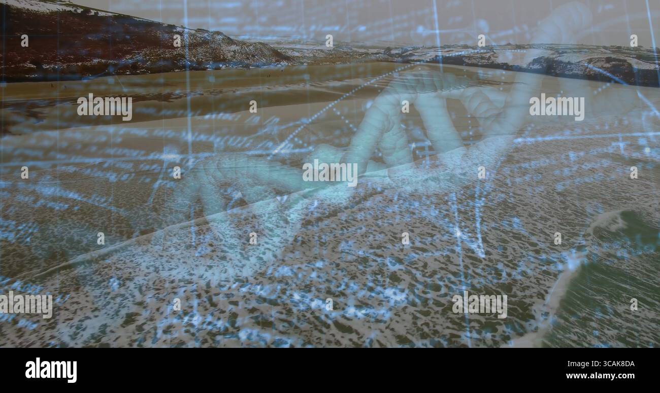 Displaying translucent DNA helix blending with sandy waves at shoreline, with floating numeric text Stock Photo