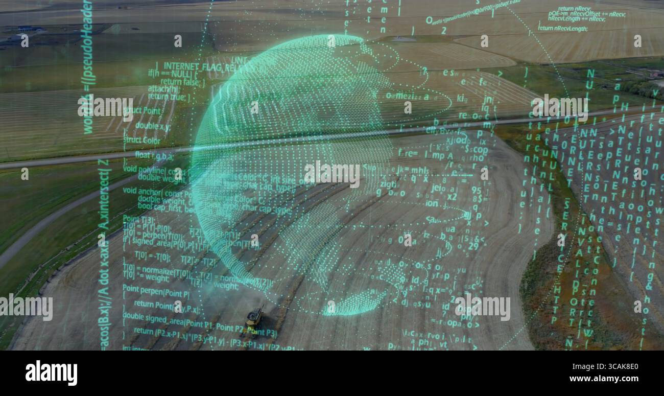 Hovering translucent turquoise digital globe above rural farmland, with streaming code overlay Stock Photo