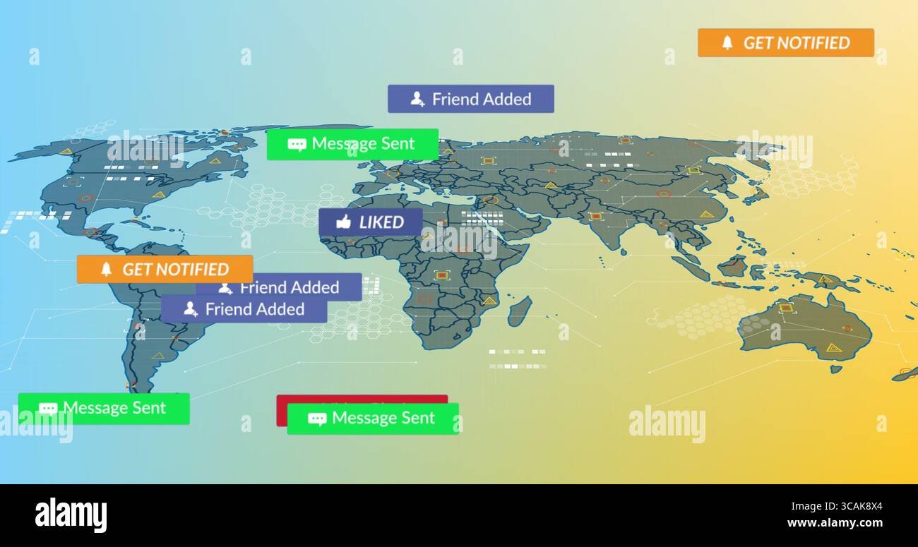 Displaying world map on gradient background, with notifications, hex grid and circuit lines Stock Photo