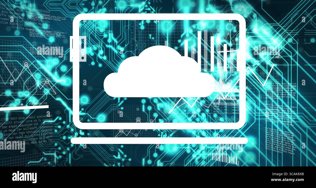 Showing laptop streaming cloud computing on digital interface, with bar chart and circuit traces Stock Photo