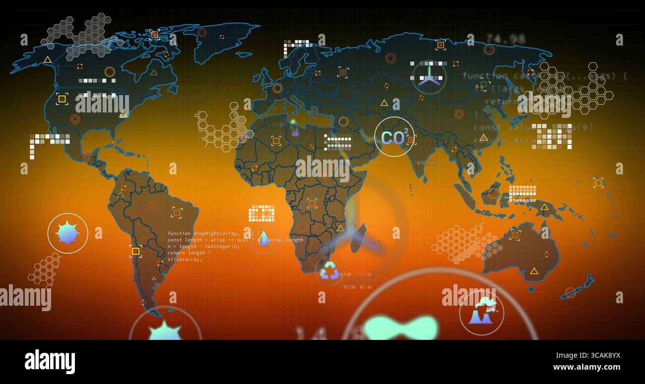 Displaying world map overlaying environmental metrics on digital dashboard interface with CO2 label Stock Photo