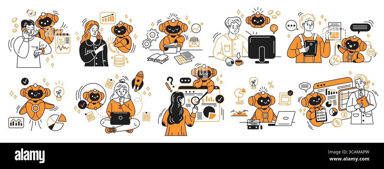 Illustrations of business scenes featuring friendly artificial intelligence robots and professionals. Orange and black colors. Represents collaboratio Stock Vector