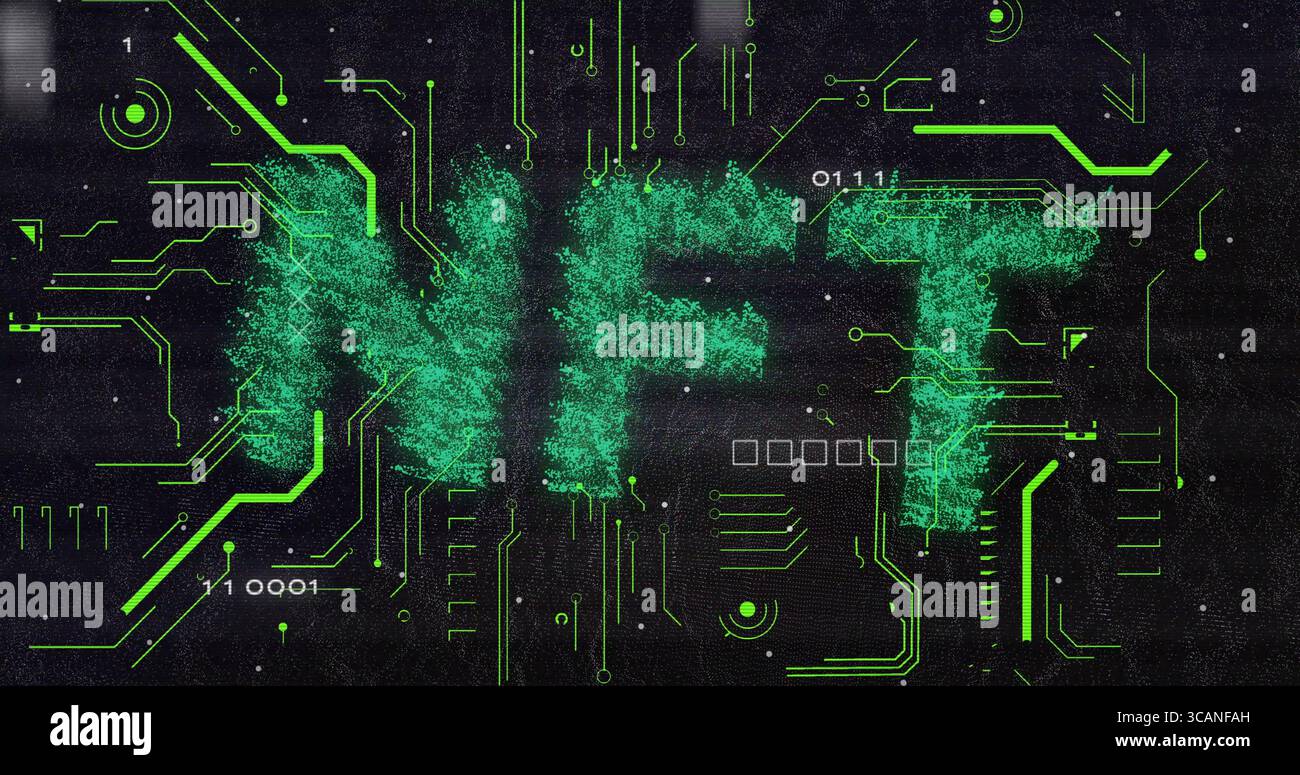 Displaying stylized NFT text forming green pixels on virtual circuit board, with binary code Stock Photo