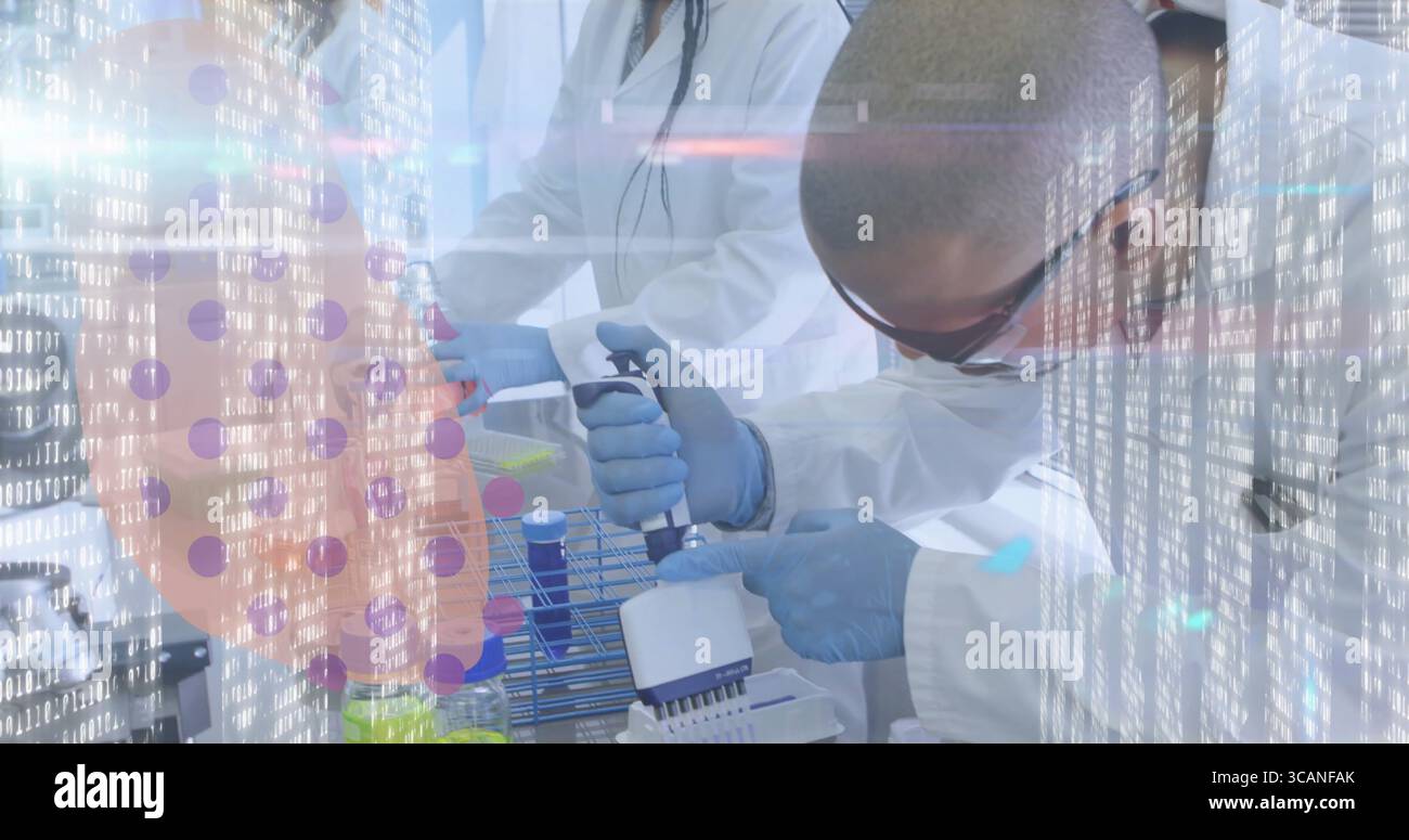 Dispensing scientist in lab coat using electronic pipette into multiwell plate at lab bench Stock Photo