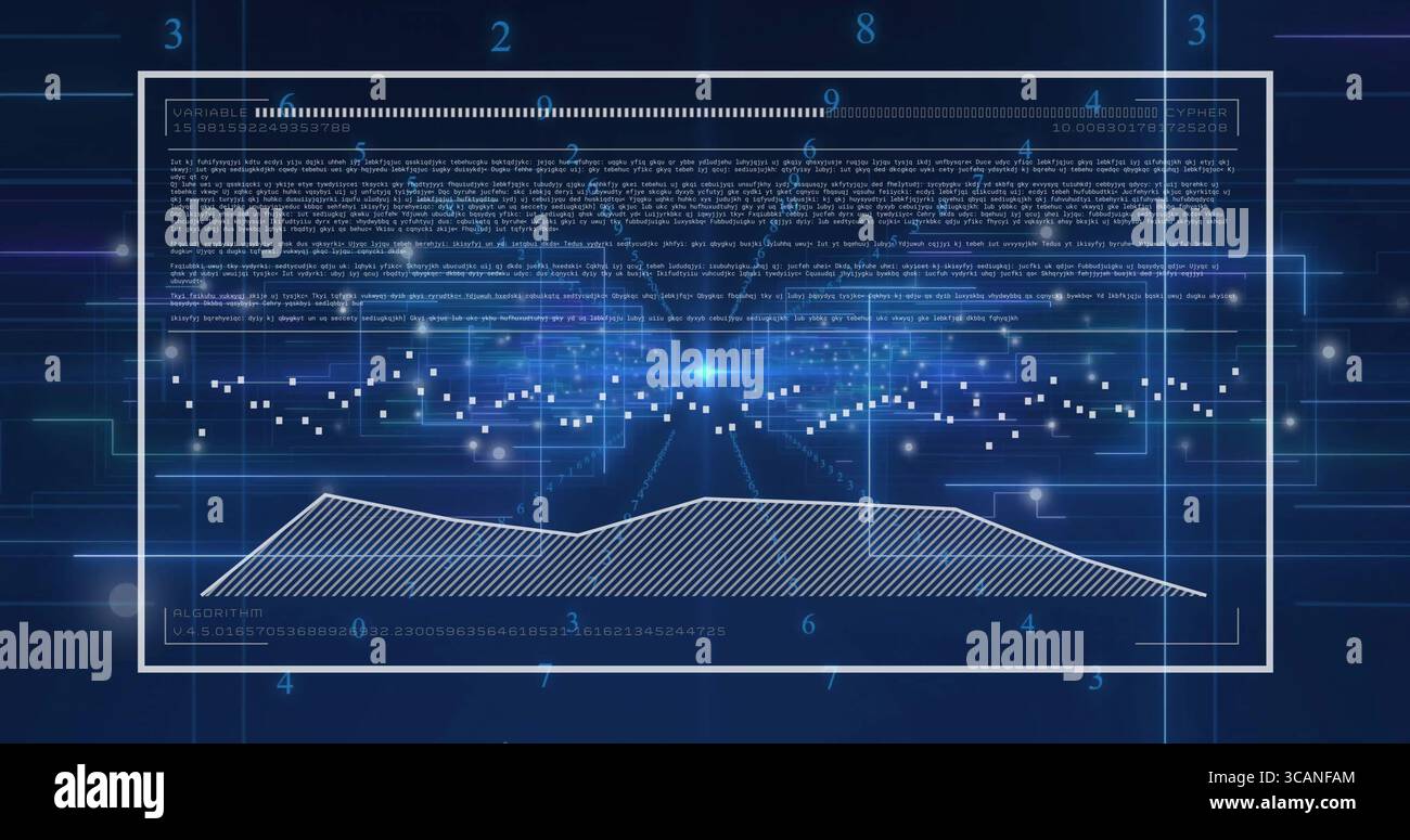 Presenting framed data panel on simulated screen, showing alphanumeric data and hatched area chart Stock Photo