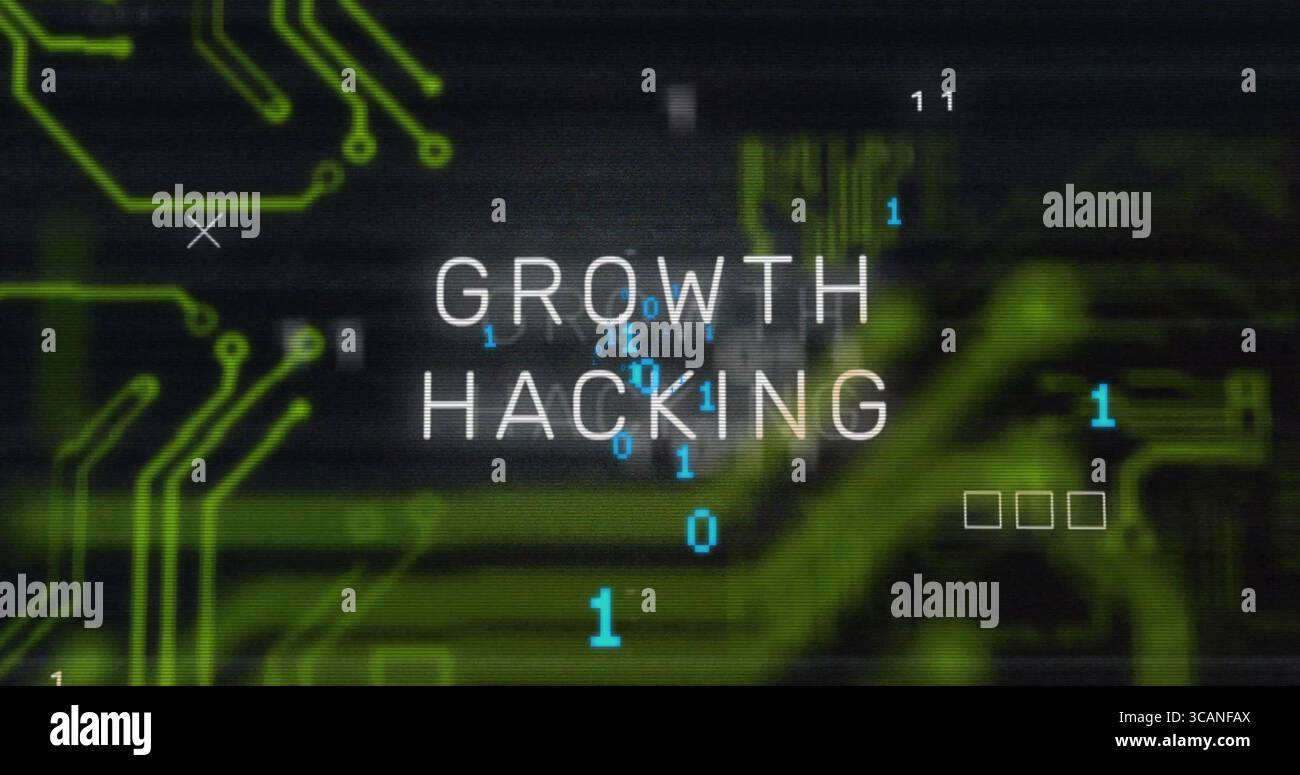 Displaying text GROWTH HACKING in digital interface, with green circuits and floating binary digits Stock Photo