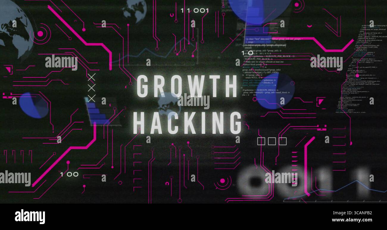 Displaying Growth Hacking text dominating tech dashboard, with magenta circuits and globe icons Stock Photo