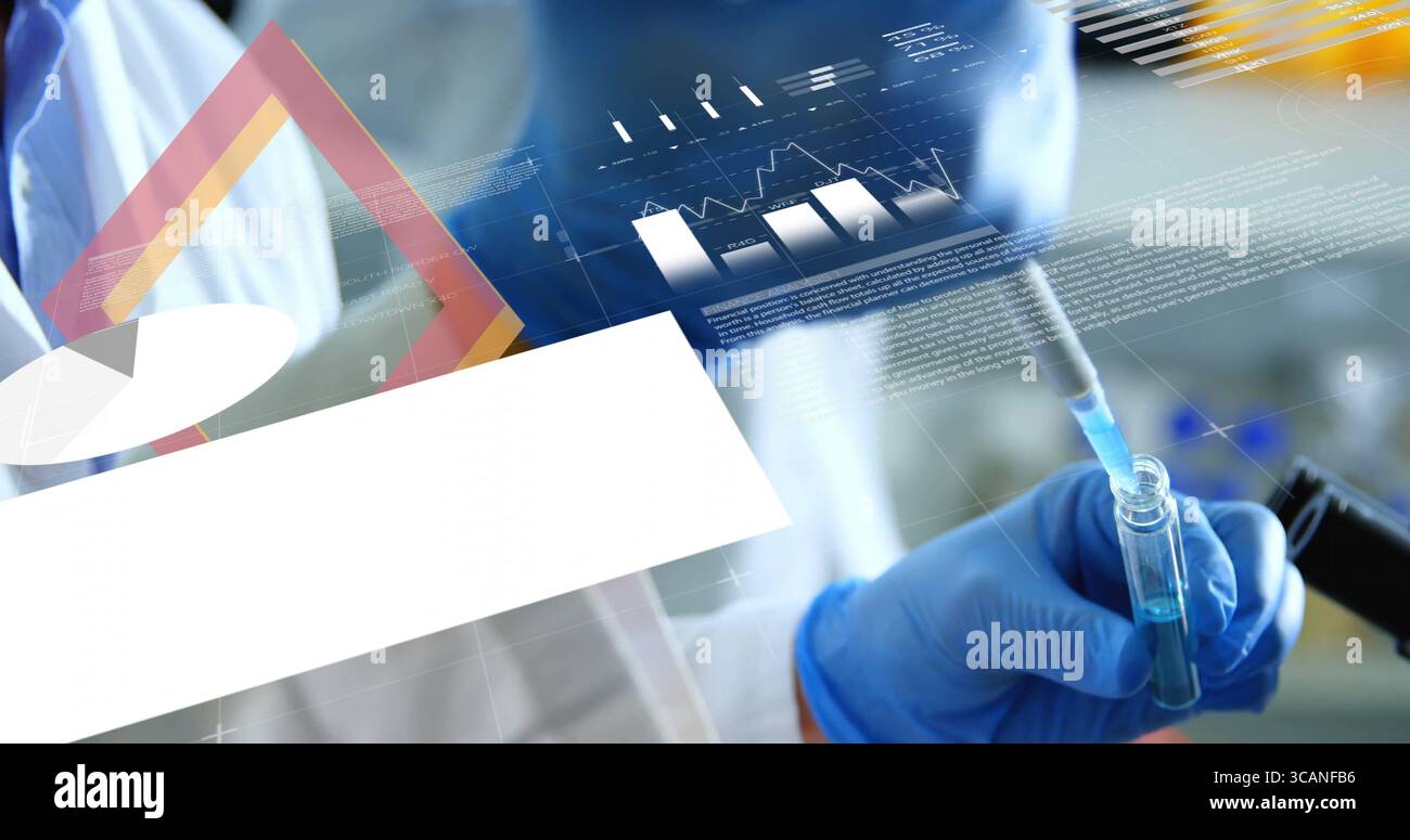 Technician wearing gloves pipetting blue liquid into test tube in lab ...