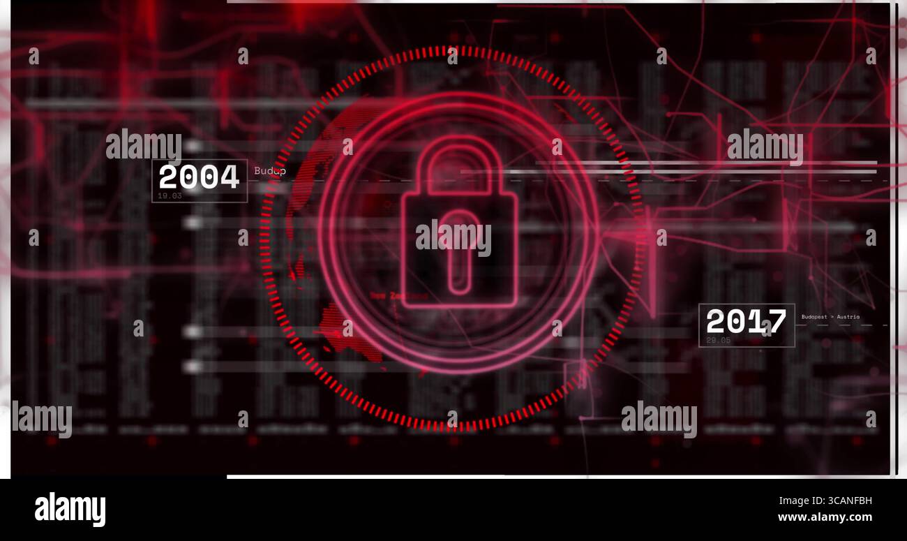 Red padlock icon pulsing on dashboard with progress rings, glitching ...