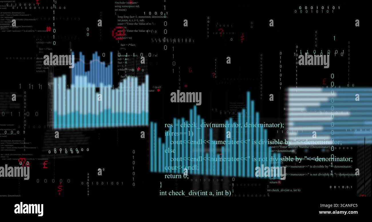 Displaying blue bar chart clusters across dark dashboard, with C++ code, binary and red accents Stock Photo