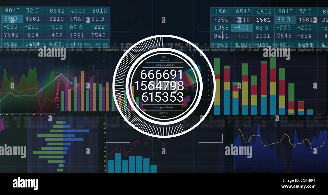 Displaying central circular data visualization on dashboard, with numeric readouts and bar charts Stock Photo