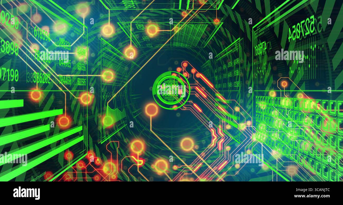 Emitting neon green code, data hub glowing inside virtual numeric panel tunnel, with orange nodes Stock Photo