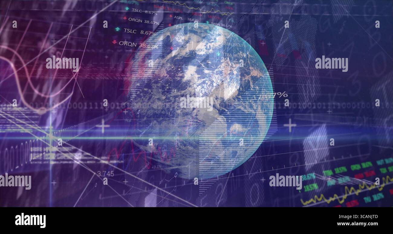 Displaying 3D Earth globe rotating in high-tech interface, with stock tickers and binary code Stock Photo