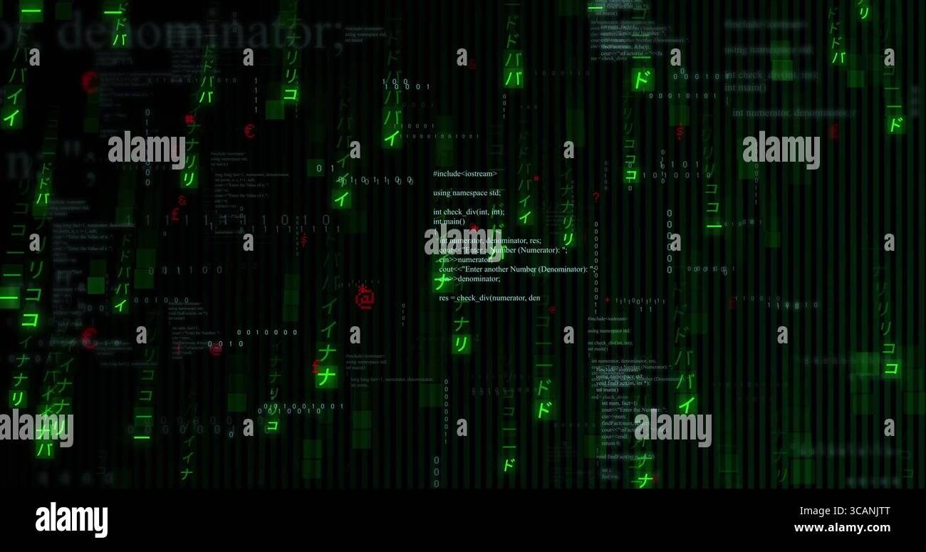 Central C++ code snippet glowing in dark matrix, with green streams, binary digits and katakana Stock Photo