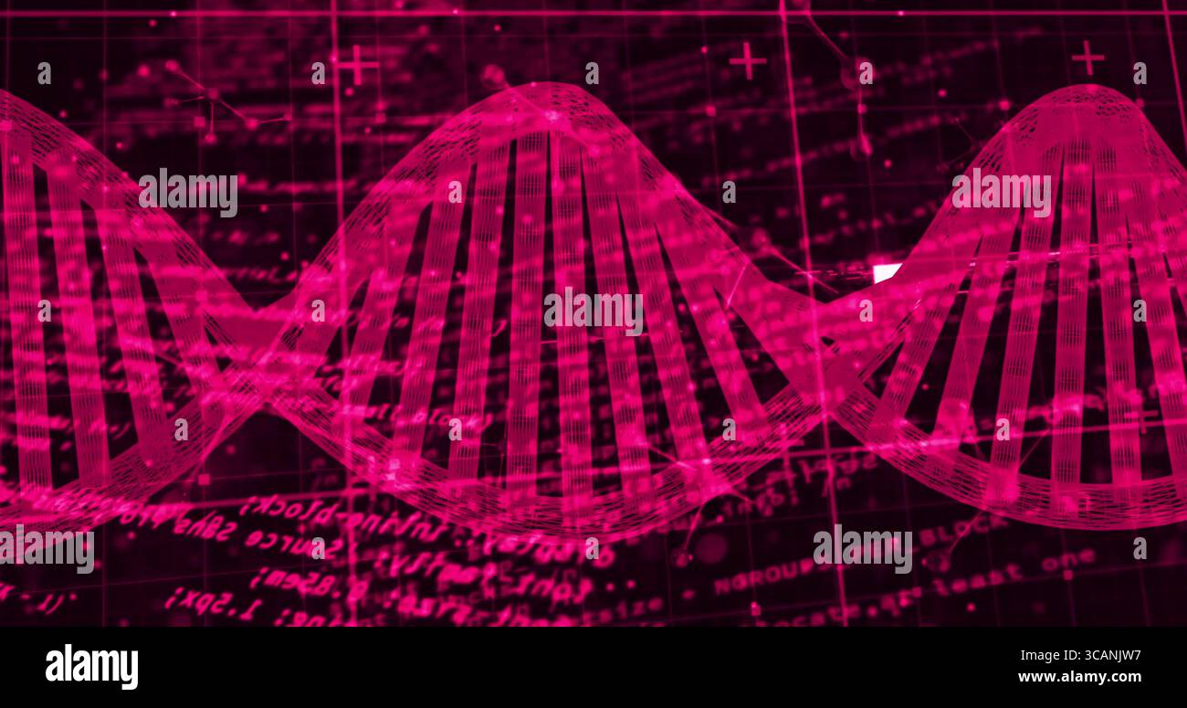 Displaying wireframe helix spanning grid overlay, with schematic symbols and data points Stock Photo