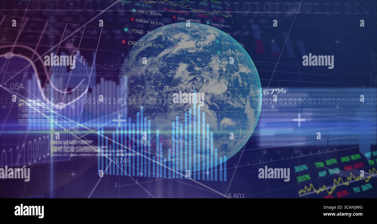 Rotating 3D Earth globe displaying market data in virtual dashboard, line graphs and binary streams Stock Photo