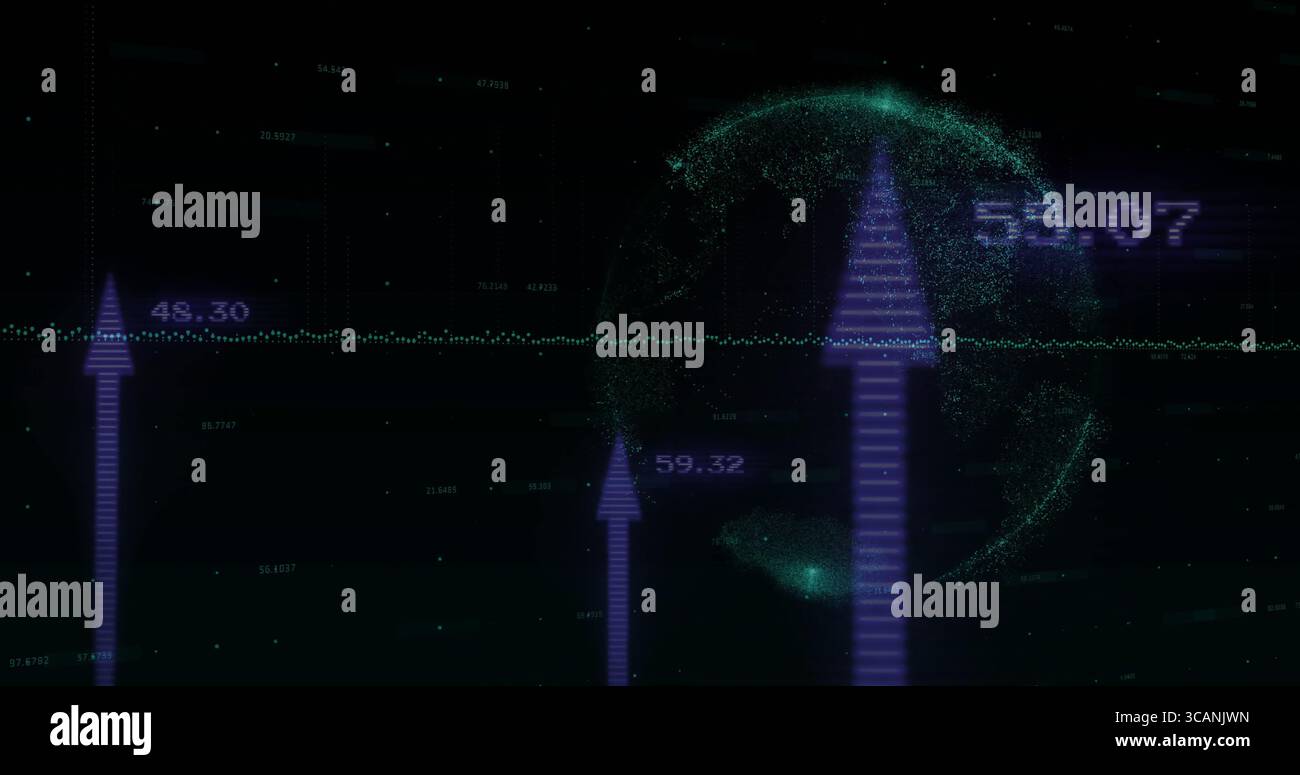 Displaying ascending arrow graphs with 3D digital globe on display with numeric labels and waveform Stock Photo