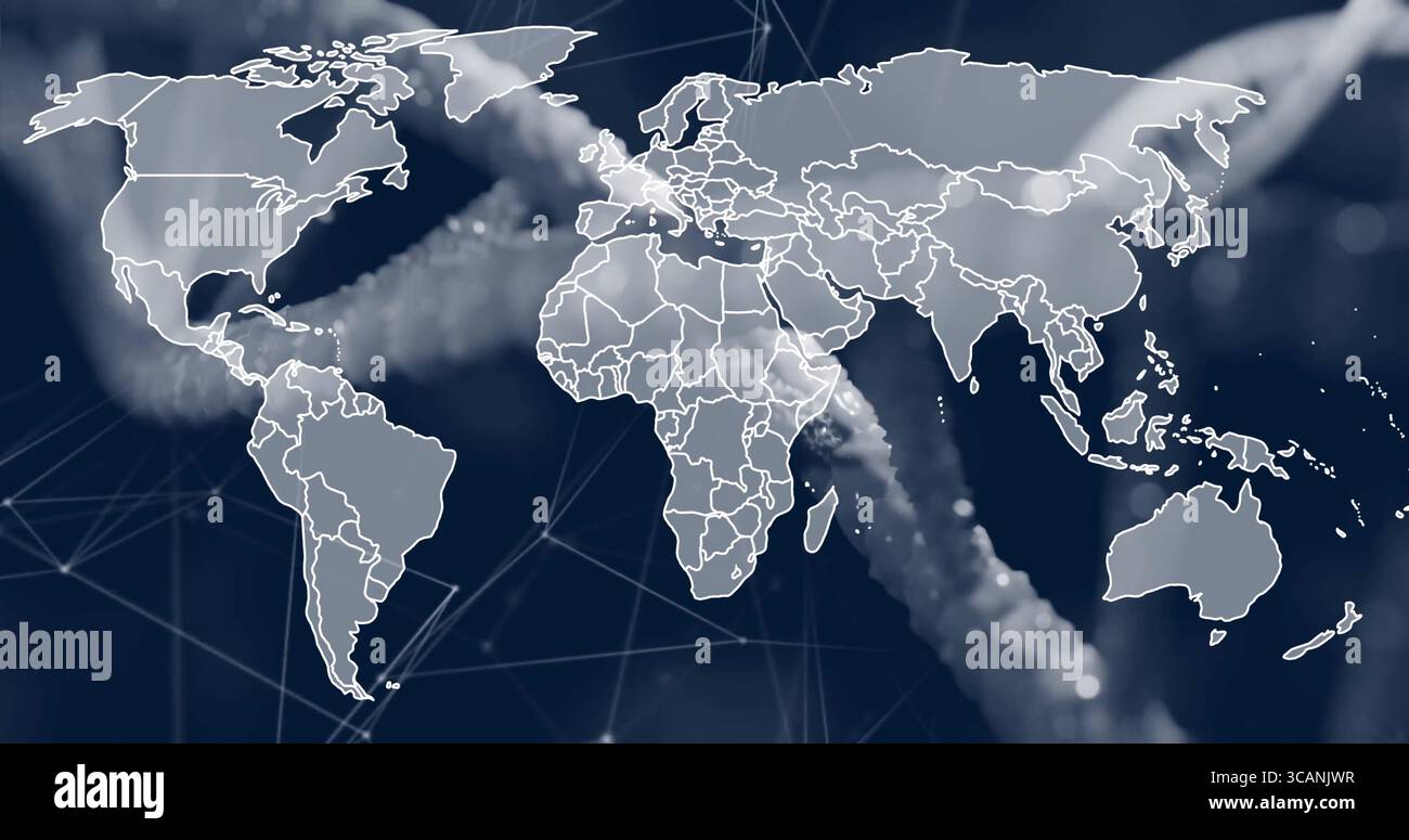 Displaying white map outline on digital interface, with blurred ropes, glowing network lines, nodes Stock Photo