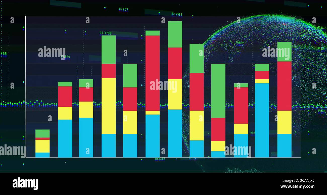 Displaying stacked bar chart on data dashboard with numeric labels, dotted line and digital globe Stock Photo