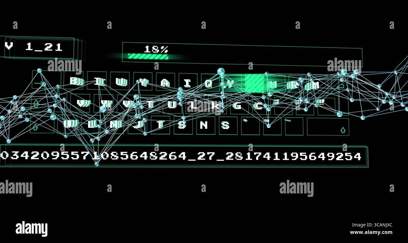 Displaying QWERTY keyboard in digital interface with node grid, green 18% progress bar, code panel Stock Photo