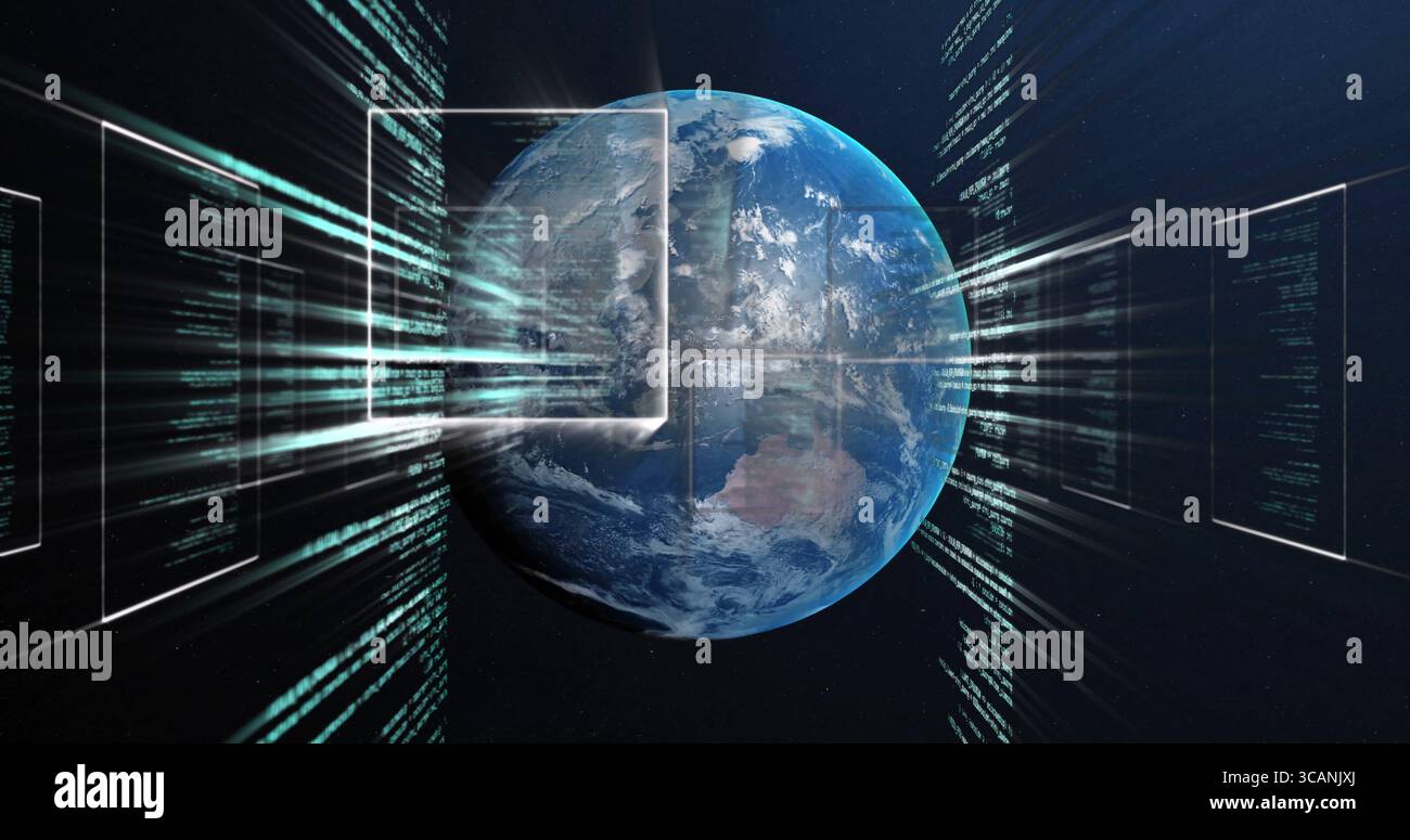 Floating Earth globe streaming green digital code in outer space, with ...