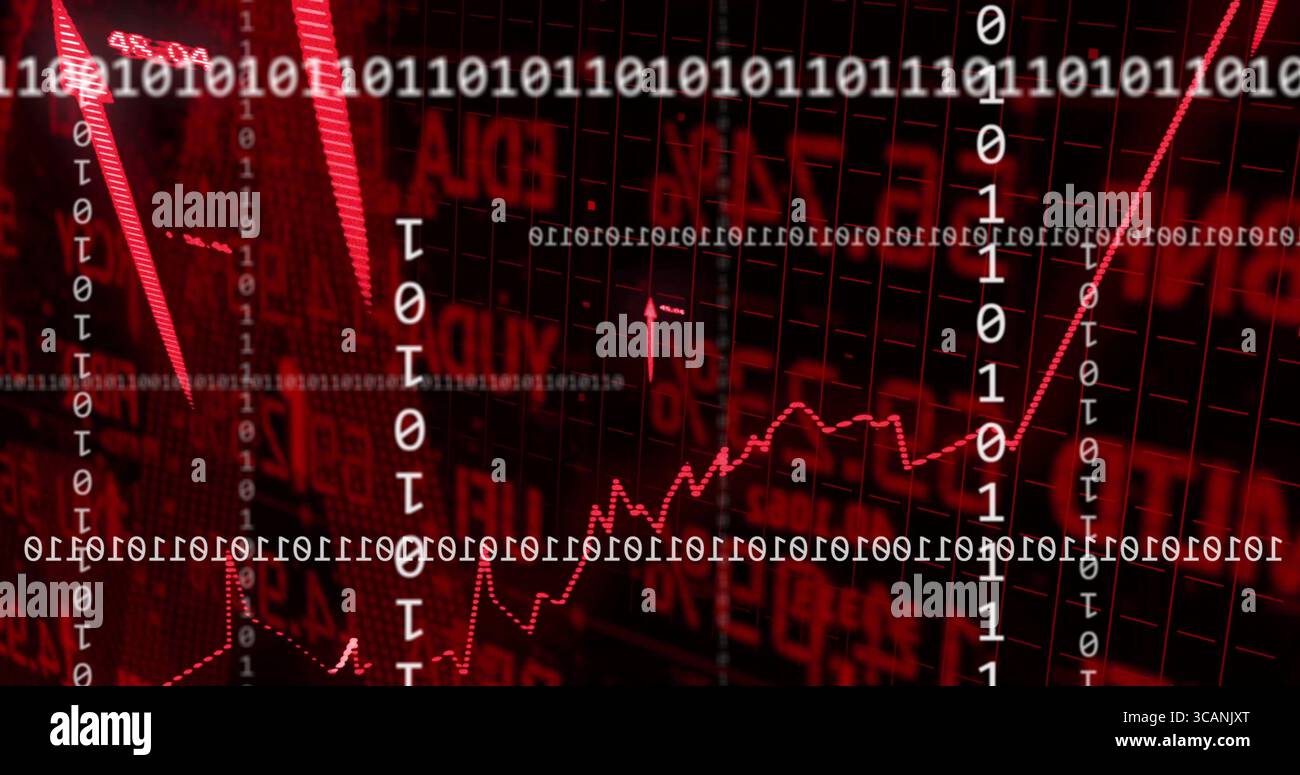 Displaying red dotted line graph rising on trading dashboard, with binary columns and numeric data Stock Photo