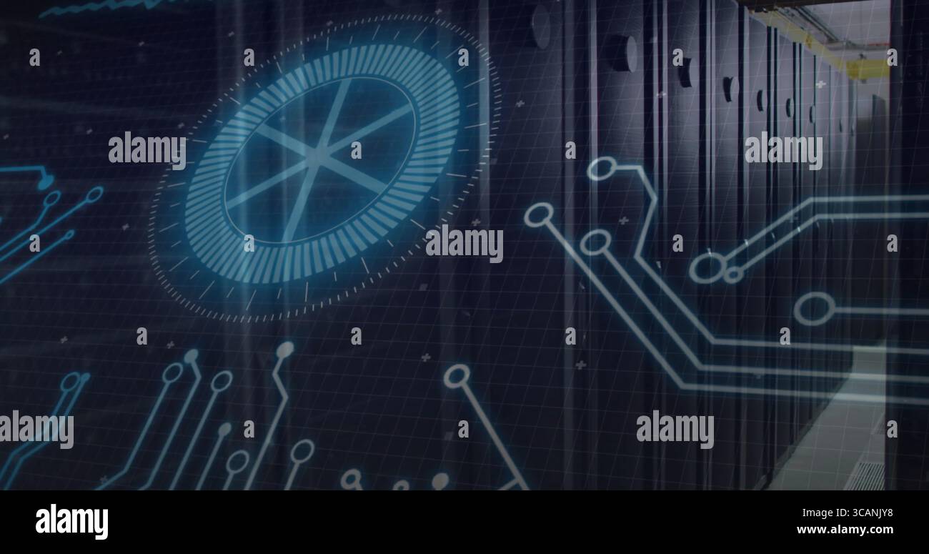 Showing server racks lining data center corridor, with grid overlay, circuit trace, HUD, copy space Stock Photo
