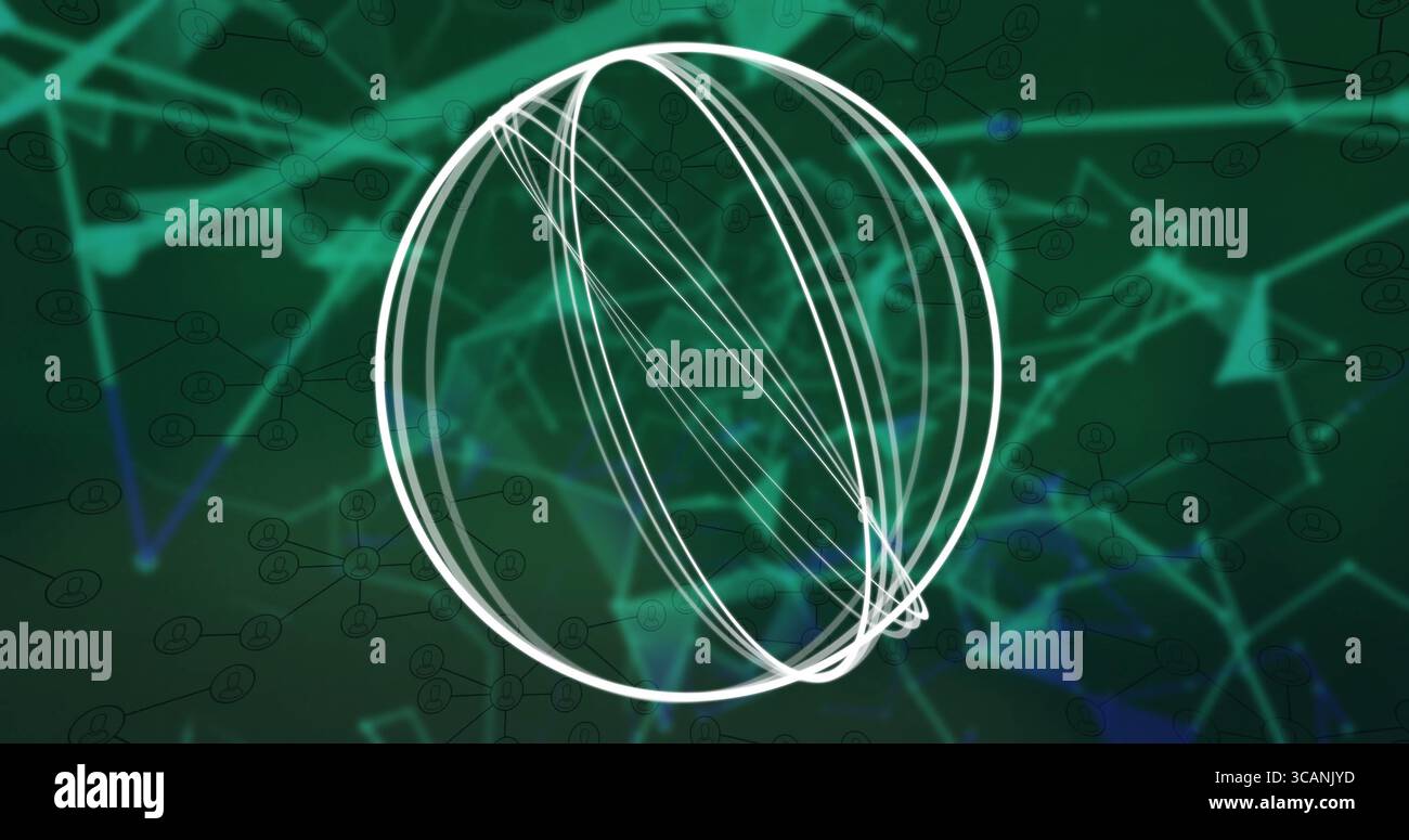 Floating glowing wireframe sphere hovering in network visualization, with nodes, connecting lines Stock Photo