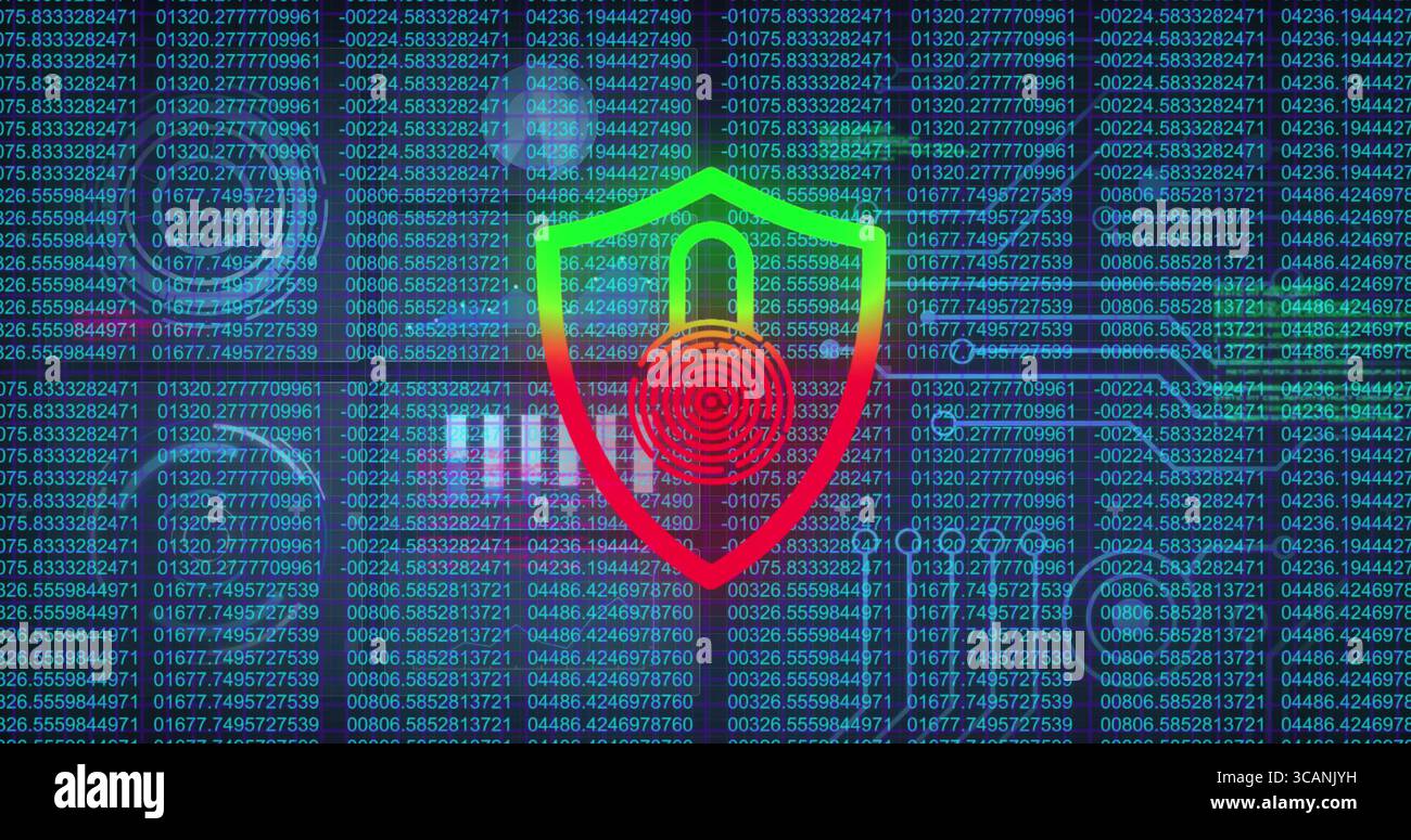 Displaying rainbow shield securing code in security graphic with fingerprint and padlock icons Stock Photo