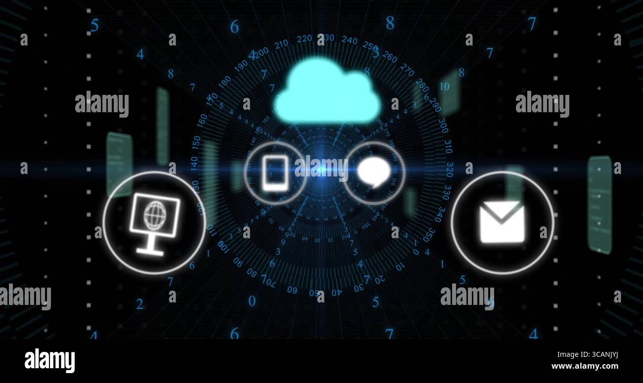 Displaying glowing turquoise cloud icon hovering over virtual interface, with connectivity icons Stock Photo