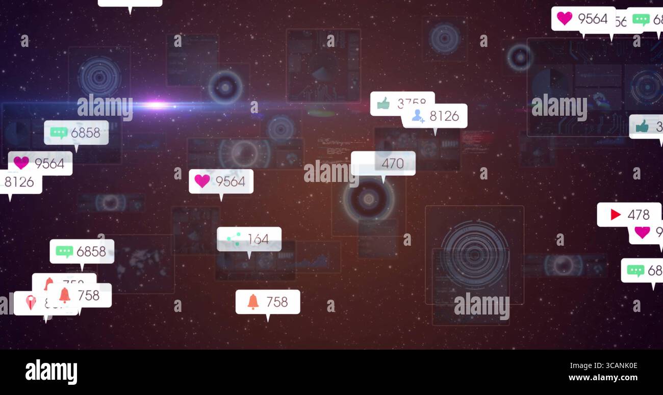 Displaying social media notifications floating in cosmic interface ...