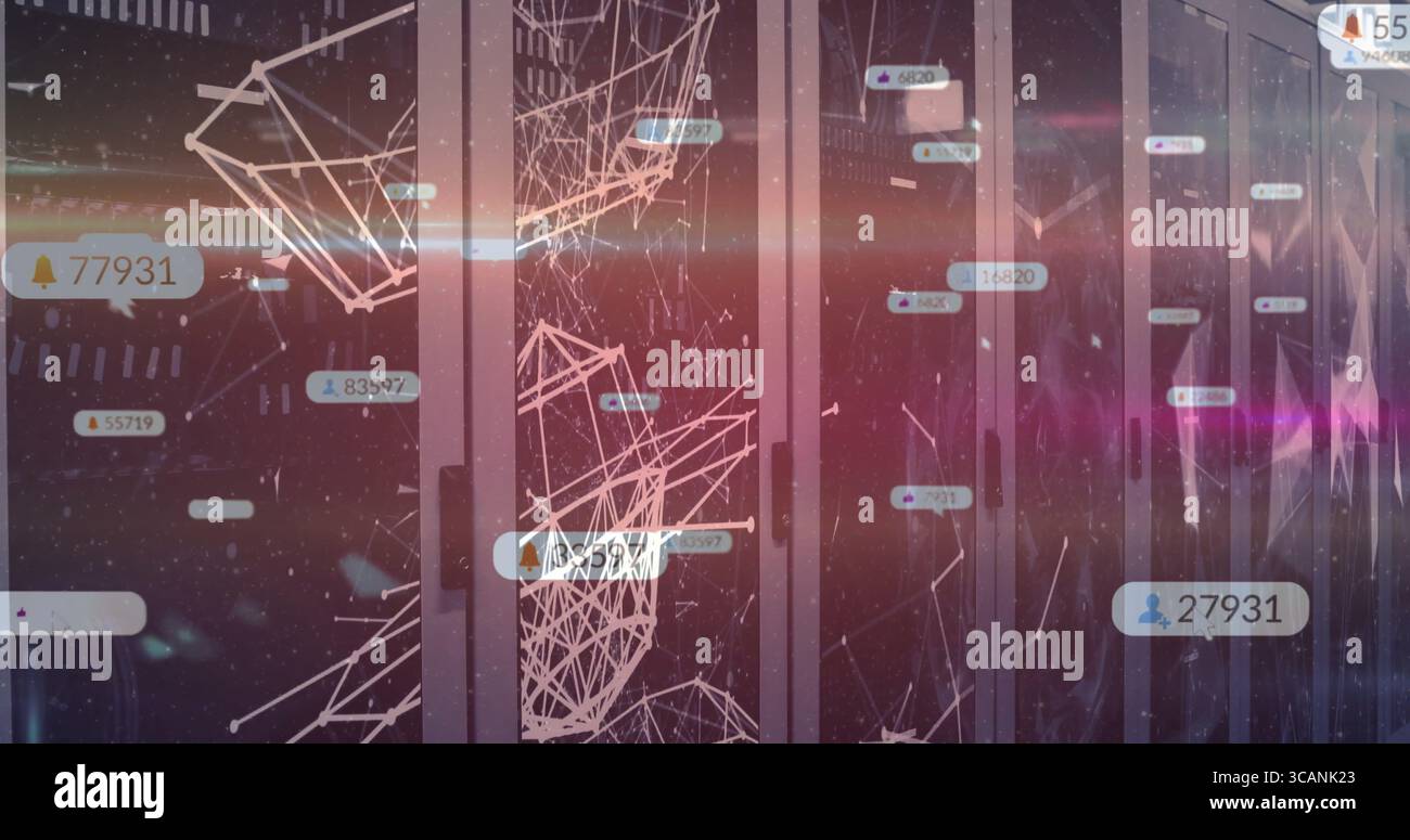 Displaying server rack emitting wireframe data in server corridor, with floating labels and LEDs Stock Photo