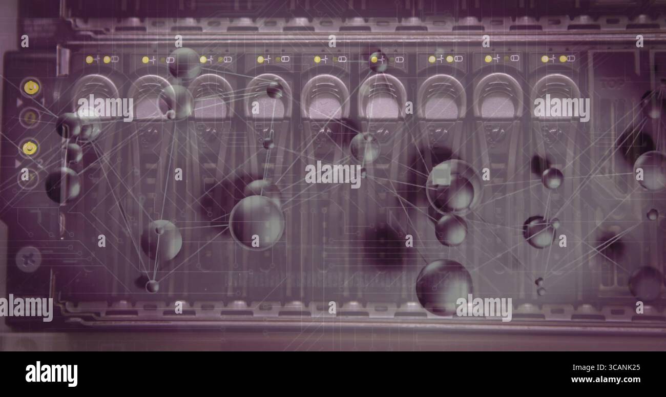 Displaying central console faders with LED lights in digital interface, with glowing sphere network Stock Photo