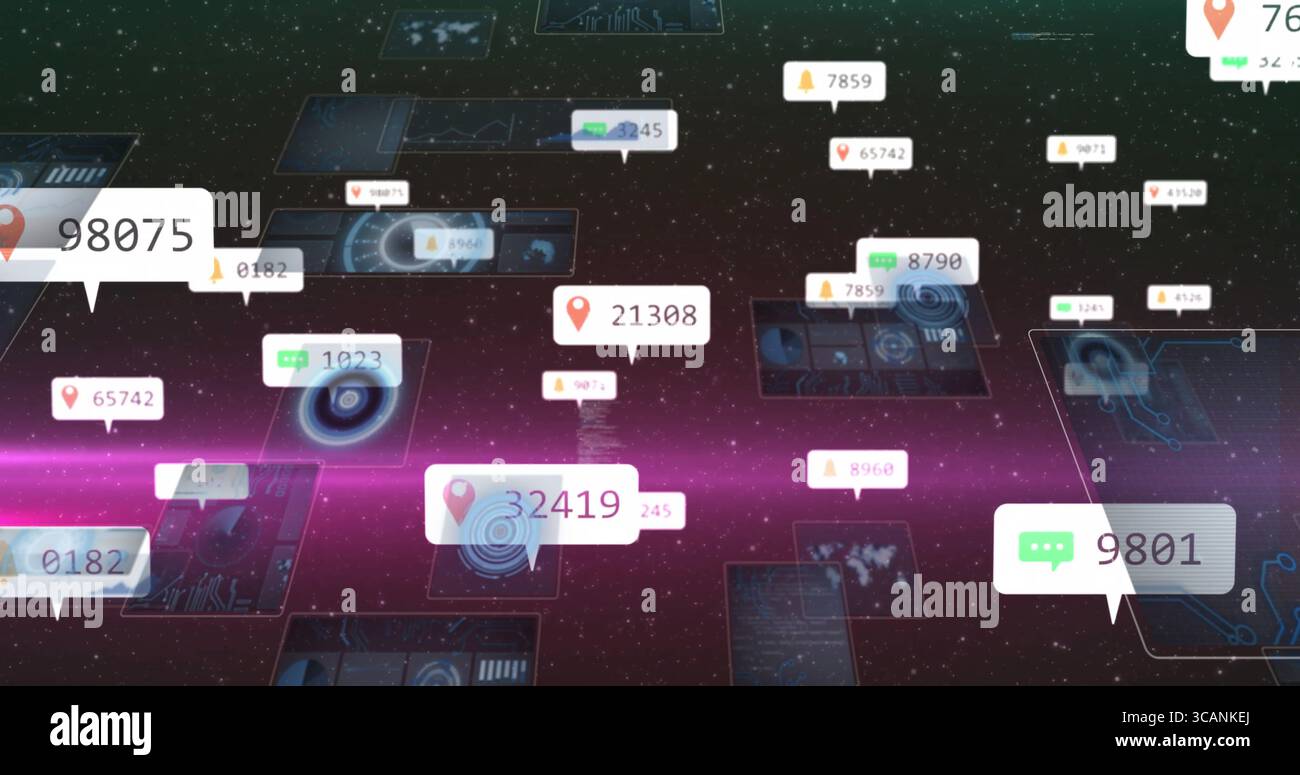 Floating data panels showing numeric data, pin and chat icons in ...
