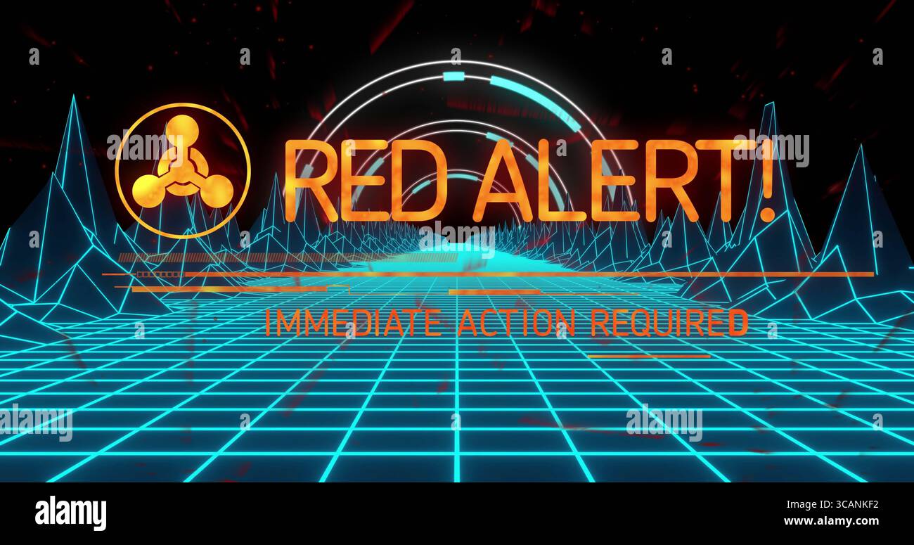Displaying RED ALERT graphic hovering over cyan grid in wireframe landscape with progress arc Stock Photo