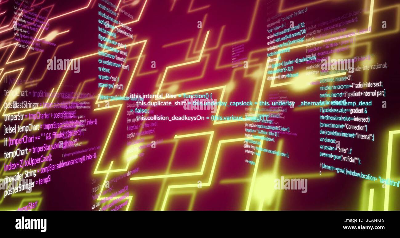 Displaying glowing neon circuit lines in digital schematic, with floating programming code snippets Stock Photo