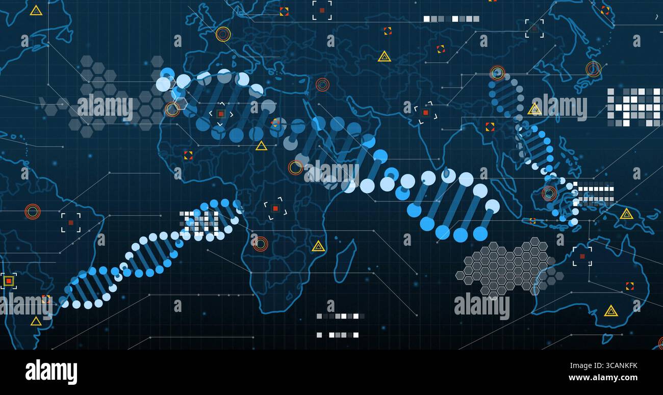 Displaying world map overlaying DNA chains on digital interface, featuring hex clusters and nodes Stock Photo