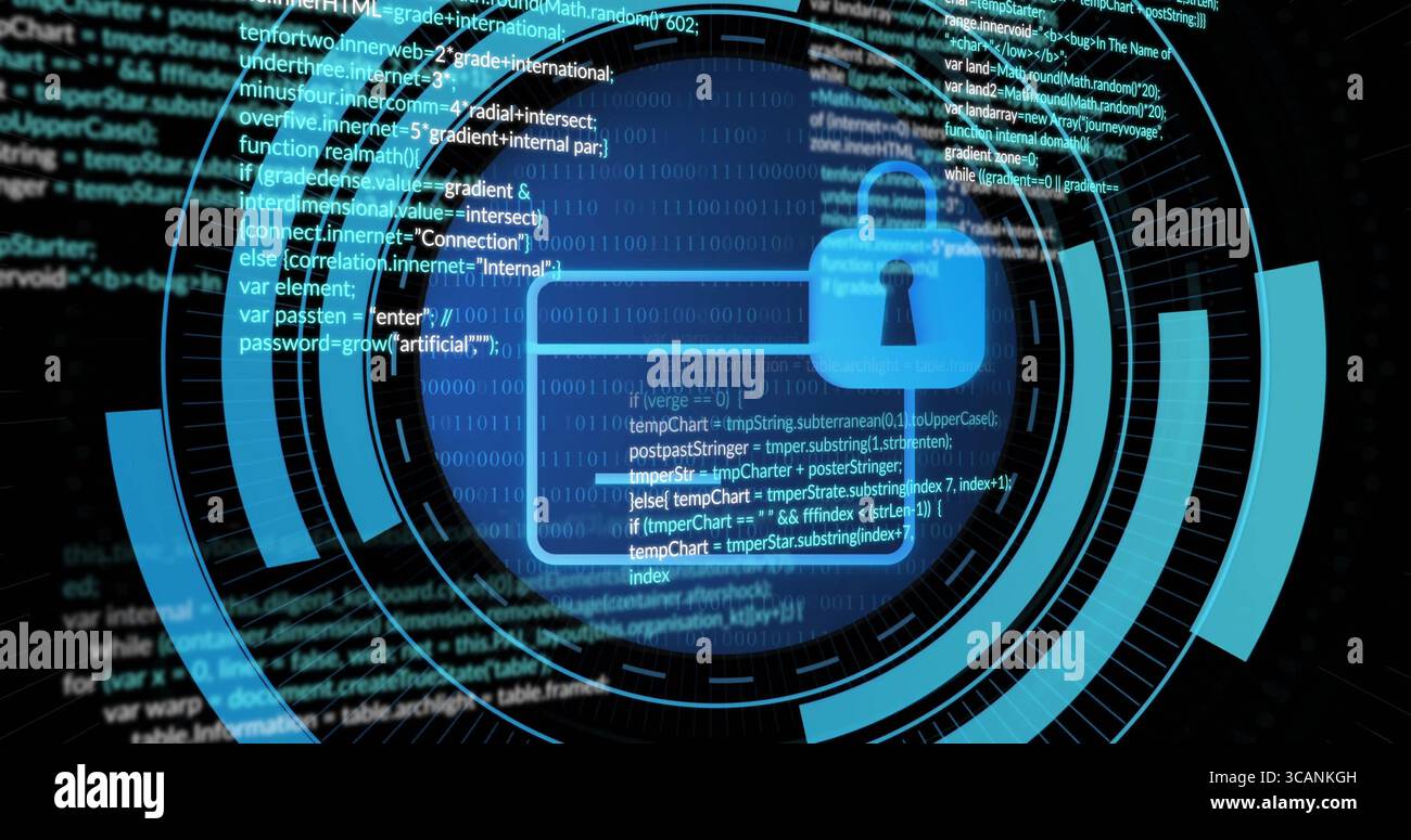 Glowing blue padlock icon floating in HUD circles on digital interface, with code and binary digits Stock Photo