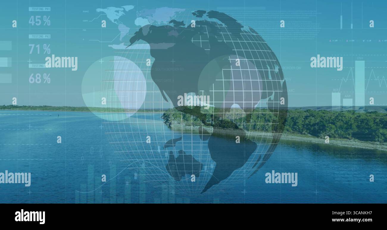 Displaying 3D wireframe globe hovering over lakeside water, with bar charts and percentages Stock Photo
