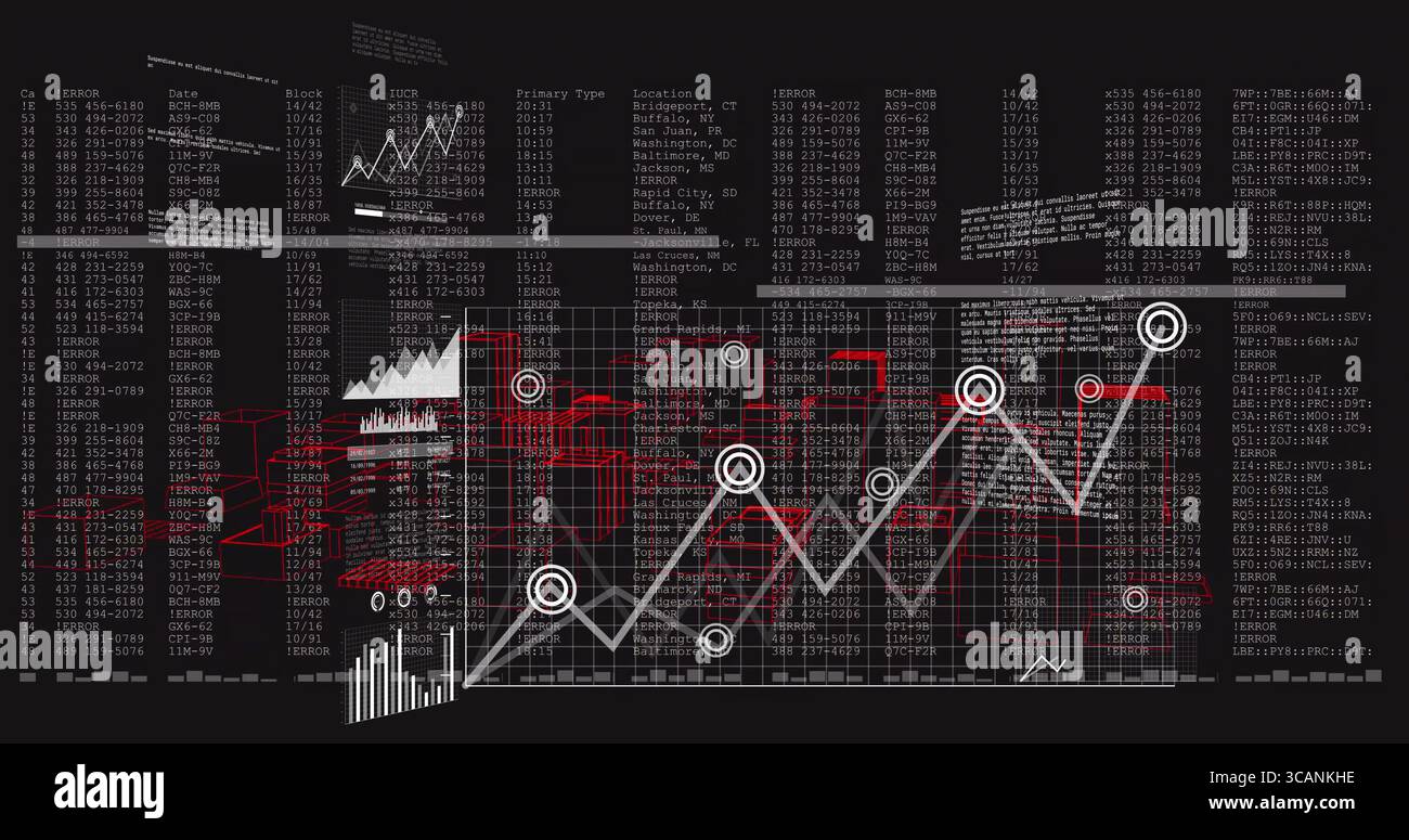 Displaying line graph connecting circular markers across grid panel, with red 3D blocks, error logs Stock Photo